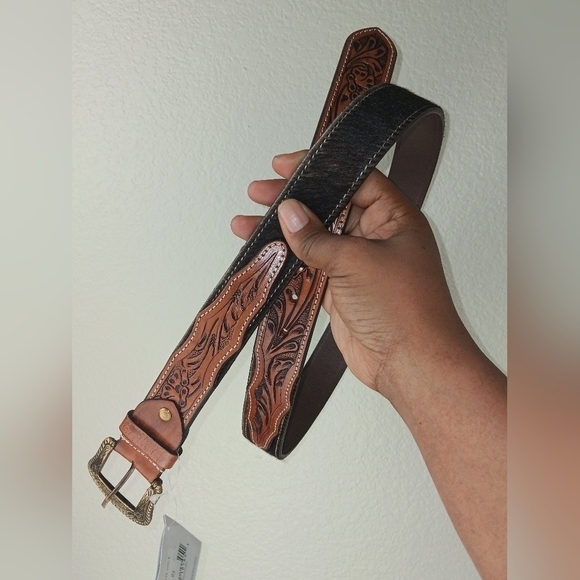Brown Hand Tooled Leather and Dark Brown and White Cowhide Belt main image 4